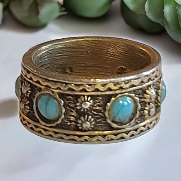Vintage Gold Tone Faux Turquoise Floral Band Ring sz 8 - Picture 1 of 6